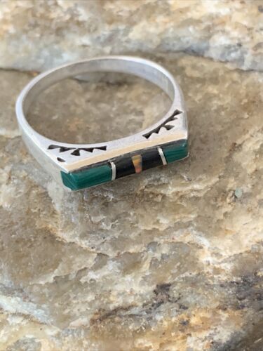 Native American Women's Navajo Green Malachite Onyx Inlay Ring | Sz 7 | 11153