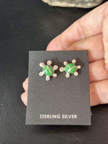 Navajo Turtle Green Turquoise Inlay Earrings | Sterling Silver | Authentic Native American Handmade | 14778