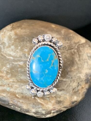 Navajo Blue Kingman Turquoise Ring | Sterling Silver | Sz 8.5 | Authentic Native American Handmade | 13378