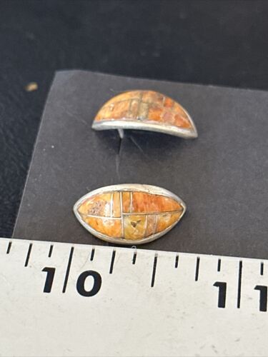Navajo Orange Spiny Oyster Inlay Earrings | Sterling Silver | Authentic Native American Handmade | 14789