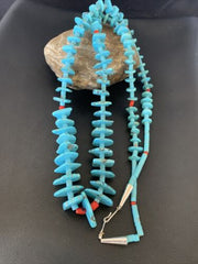 Authentic Native American Santo Domingo Necklace | Sterling Silver, Coral & Turquoise | 36" Graduated | 12068