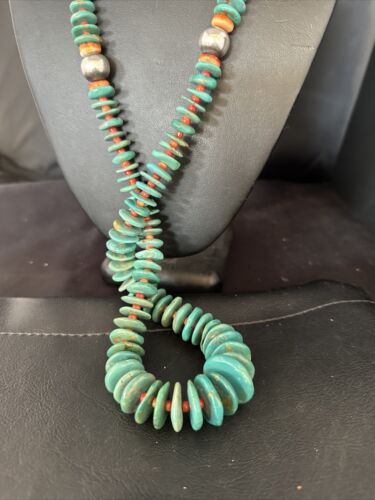 Navajo Turquoise Spiny Oyster Necklace | Sterling Silver | Authentic Native American | 32" | 14362