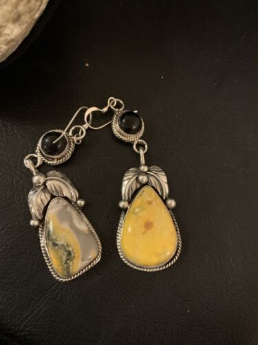 Native American Navajo Black Onyx Bumblebee Jasper Dangle Earrings | Sterling Silver | 2" | 1537