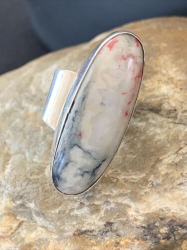 Native American Men's Navajo Cinnabrite Ring | White Black | Sterling Silver | Sz 7.5 | 1555