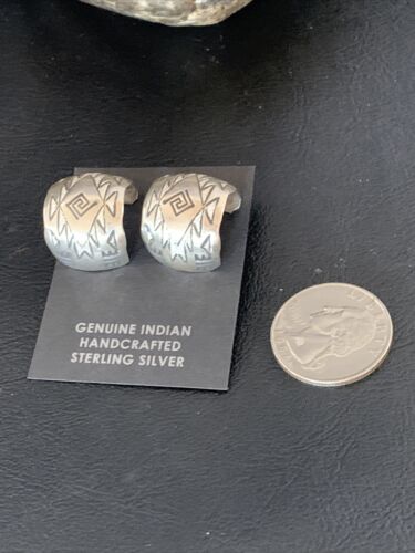 Old Pawn Women's Stamped Design Hoop Stud Earrings | Sterling Silver | 1" | 13006