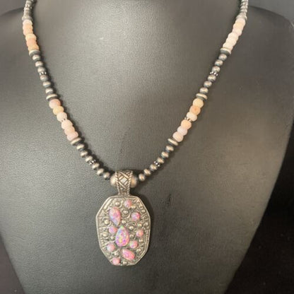 Navajo Pink Opal Beads Necklace with Multi-Stone Mother of Pearl Pendant | Sterling Silver | 13442