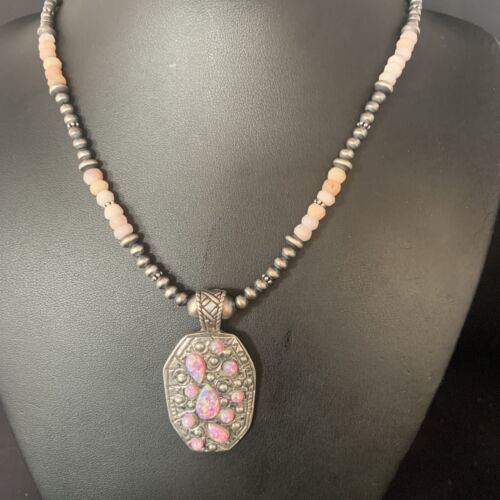 Navajo Pink Opal Beads Necklace with Multi-Stone Mother of Pearl Pendant | Sterling Silver | 13442
