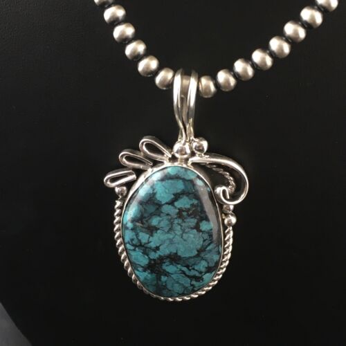 Navajo Pearls Sterling Silver Pendant with Blue Spiderweb Turquoise | 2.5" | Authentic Native American Handmade | 10164