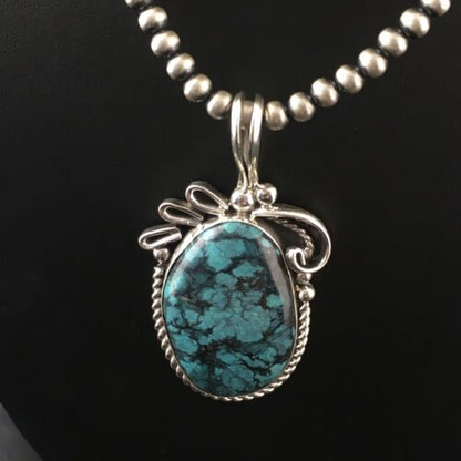 Navajo Pearls Sterling Silver Pendant with Blue Spiderweb Turquoise | 2.5" | Authentic Native American Handmade | 10164