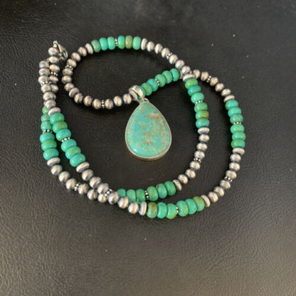 Navajo Pearl Green Royston Turquoise Pendant Necklace | Sterling Silver | 21" | Authentic Native American Handmade | 13911
