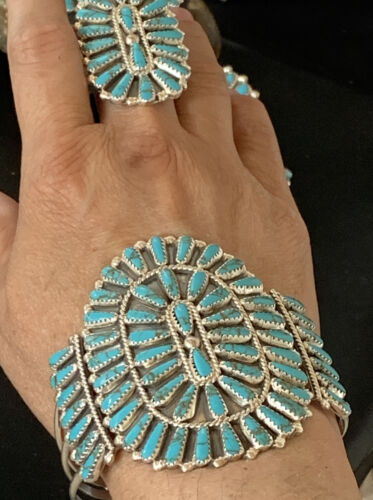 Navajo Blue Turquoise Squash Blossom Necklace | Sterling Silver | 7Pc Cluster Pendant | 12084