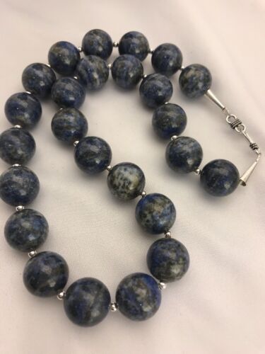 Authentic Native American Handmade | Navajo Sterling Silver Denim Lapis Bead Necklace | 20" | 16mm