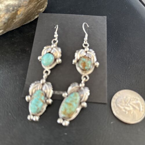 Navajo Blue #8 Turquoise Dangle Earrings | Sterling Silver | Authentic Native American Handmade | 14342