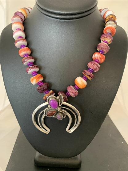 Navajo Purple Red Spiny Sugilite Necklace | Authentic Native American Sterling Silver | Naja Pendant | 00911