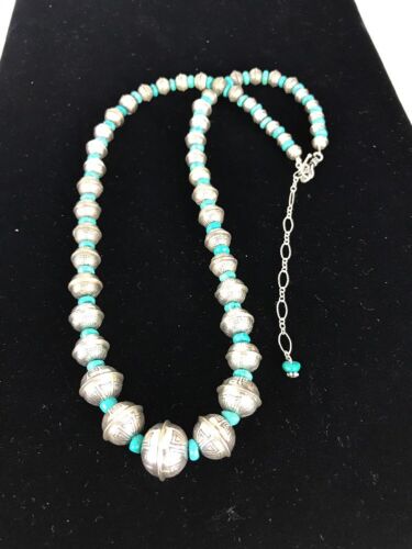 Navajo Pearls Turquoise Bead Necklace | Sterling Silver | 25" Single Strand | Southwestern | 00104