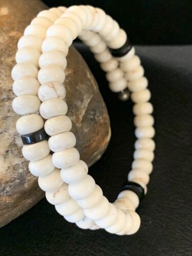 Memory Wire Stainless Steel Howlite Onyx Bead Bracelet | Sterling Silver | Native American Handmade | 1957