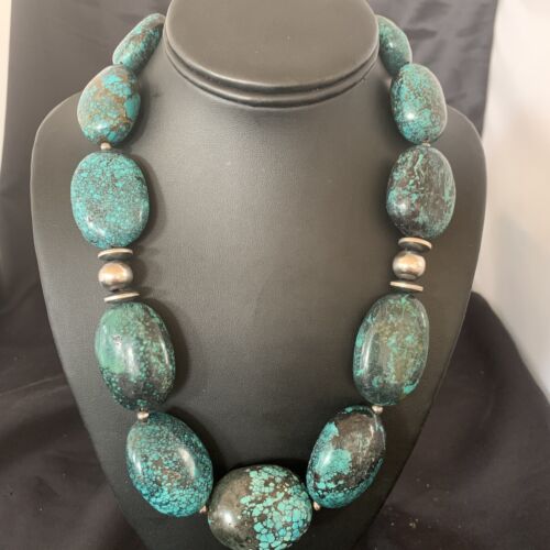 Chunky Navajo Pearl Graduated Turquoise Necklace | Sterling Silver | Authentic Native American Jewelry | 21" | 11904