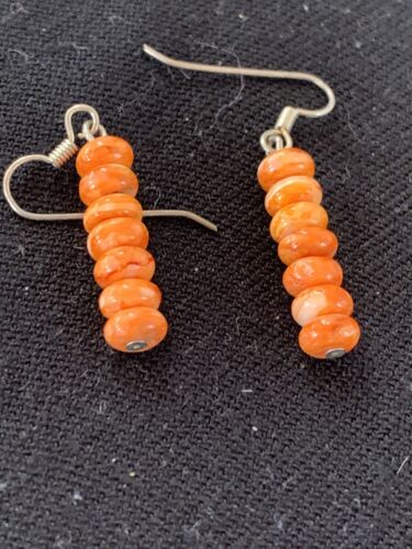 Native American Navajo Orange Spiny Oyster Bead Earrings | Sterling Silver | 13057
