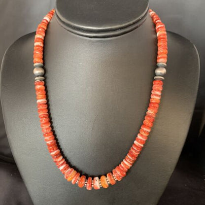 Navajo Red Spiny Oyster Graduated Necklace | Sterling Silver | Authentic Native American | 18" | 13616