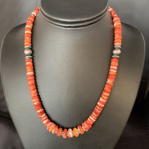 Navajo Red Spiny Oyster Graduated Necklace | Sterling Silver | Authentic Native American | 18" | 13616