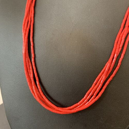 Native American Red Stabilized Coral Heishi Necklace | 5 Strand | Sterling Silver | 20" | 2207