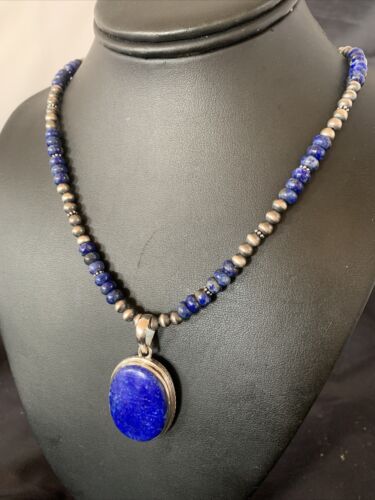 Native American Navajo Blue Lapis Pendant Necklace | Sterling Silver | Authentic Handmade | 11913 - Masha USA