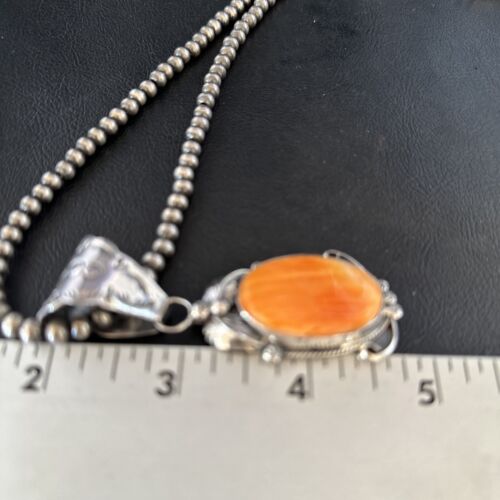 Navajo Pearls Necklace with Orange Spiny Oyster Pendant | Sterling Silver | Authentic Native American Handmade | 14723