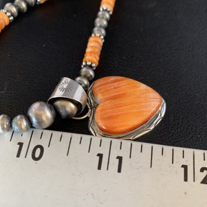 Navajo Orange Heart Spiny Oyster Pendant | Sterling Silver Necklace | Authentic Native American Handmade | 13946