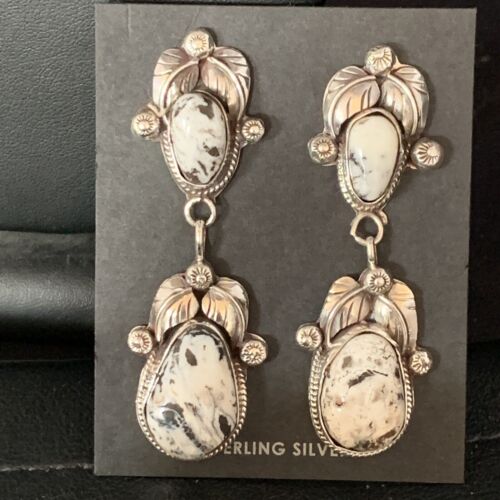 Navajo White Buffalo Turquoise Dangle Earrings Set | Sterling Silver | Authentic Native American Handmade | 13753
