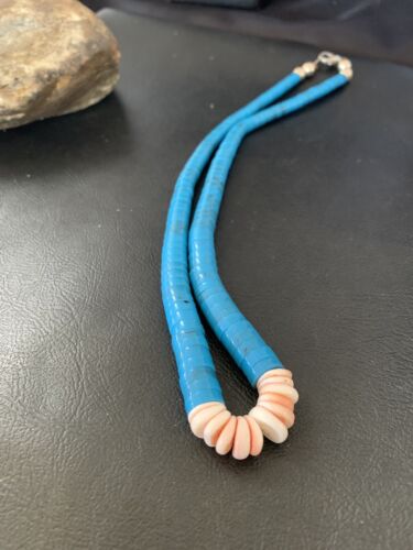 Southwestern Santo Domingo Spiny Oyster & Blue Turquoise Graduated Necklace | Authentic Native American | 19" | 12526