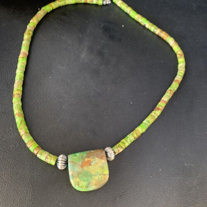 Navajo Green Gaspeite Turquoise Pendant | Sterling Silver | Authentic Native American Handmade | 13900
