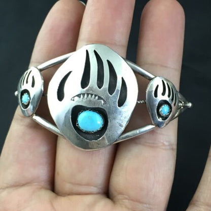 Navajo Turquoise Bear Paw Cuff Bracelet | Sterling Silver | Authentic Native American Handmade | 10242