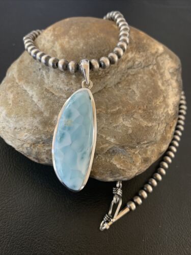 Navajo Blue Larimar Pendant Bead Necklace | Sterling Silver | Authentic Native American Handmade | 1761