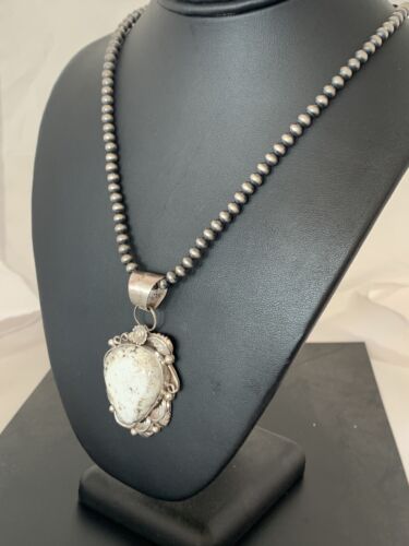Navajo Pearls Necklace with White Buffalo Turquoise Pendant | Sterling Silver | Authentic Native American Handmade | 349