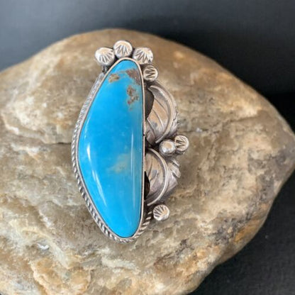 Navajo Blue Kingman Turquoise Ring | Sterling Silver Feather | Sz 9.5 | 10854