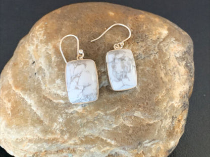 Navajo Sterling Silver White Howlite Black Dangle Rectangle Earrings | 0.75" | 12071