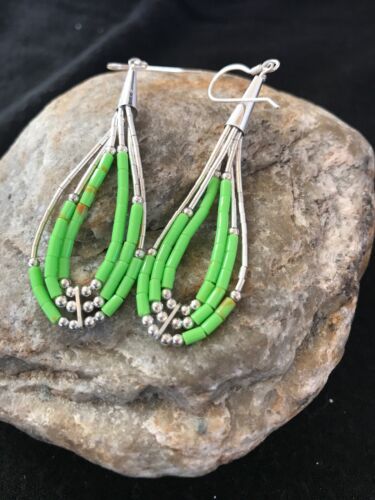 Navajo Green Gaspeite Earrings | Sterling Silver Liquid Heishi Dangle | 2.25" | Authentic Native American Handmade | 2021