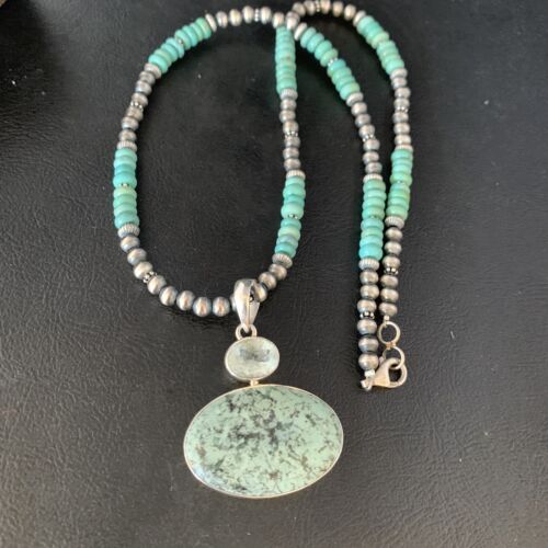 Navajo Pearls Sterling Silver Necklace | Blue Spiderweb Turquoise Pendant | Multi-Stone | 13921