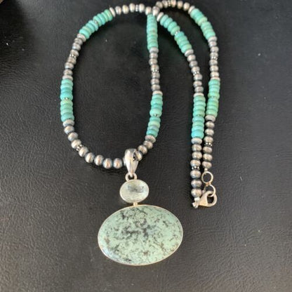 Navajo Pearls Sterling Silver Necklace | Blue Spiderweb Turquoise Pendant | Multi-Stone | 13921