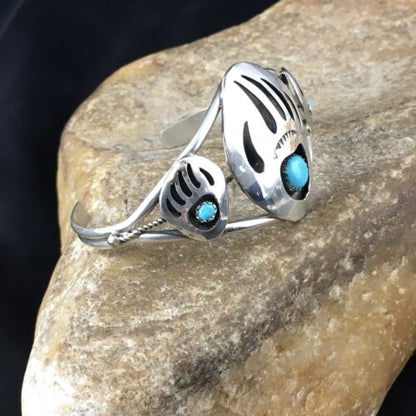 Navajo Turquoise Bear Paw Cuff Bracelet | Sterling Silver | Authentic Native American Handmade | 10242