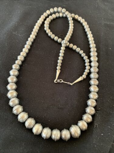 Navajo Pearls Sterling Silver Necklace | Hand-Stamped Bench Beads | 36" | Southwestern | 93336