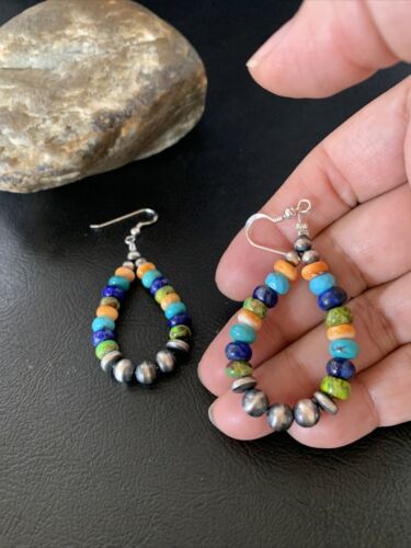 Navajo Multi-Color Lapis Spiny Turquoise Dangle Earrings | Sterling Silver | Authentic Native American Handmade | 12977