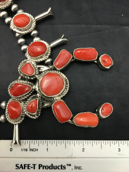 Navajo Coral Naja Pendant | Sterling Silver Squash Blossom Necklace & Earrings Set | 4176 - Masha USA