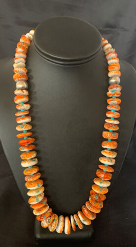 Navajo Turquoise & Orange Spiny Oyster Necklace | Sterling Silver | Authentic Native American | Graduated | 24" | 12733