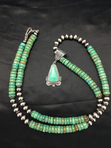 Navajo Green Turquoise Pendant Necklace | Sterling Silver | Authentic Native American Handmade | 2646