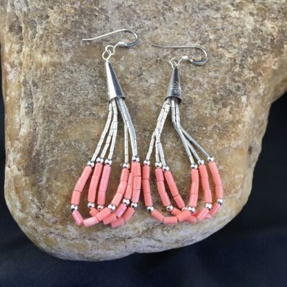 Native American Liquid Silver Heishi Dangle Earrings | Pink Coral | Sterling Silver | 2" | 2029