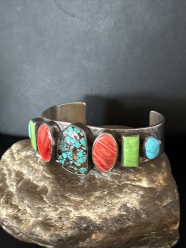 Navajo Turquoise Gaspeite Spiny Oyster Cuff Bracelet | Sterling Silver | Authentic Native American Handmade | 14815