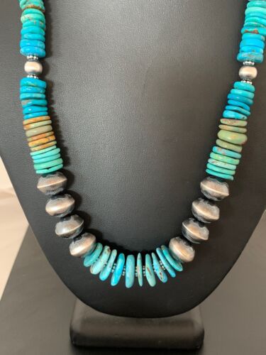 Navajo Blue Green Turquoise Beads Necklace | Sterling Silver | Authentic Native American Handmade | 22" | 4697