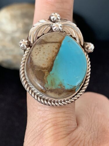 Southwestern Navajo Blue Boulder Turquoise Ring | Sterling Silver | Sz 9 | 00549