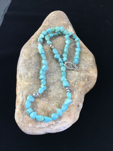 Native American Sterling Silver Blue Turquoise Necklace | 18" | Authentic Handmade | 10025 - Masha USA